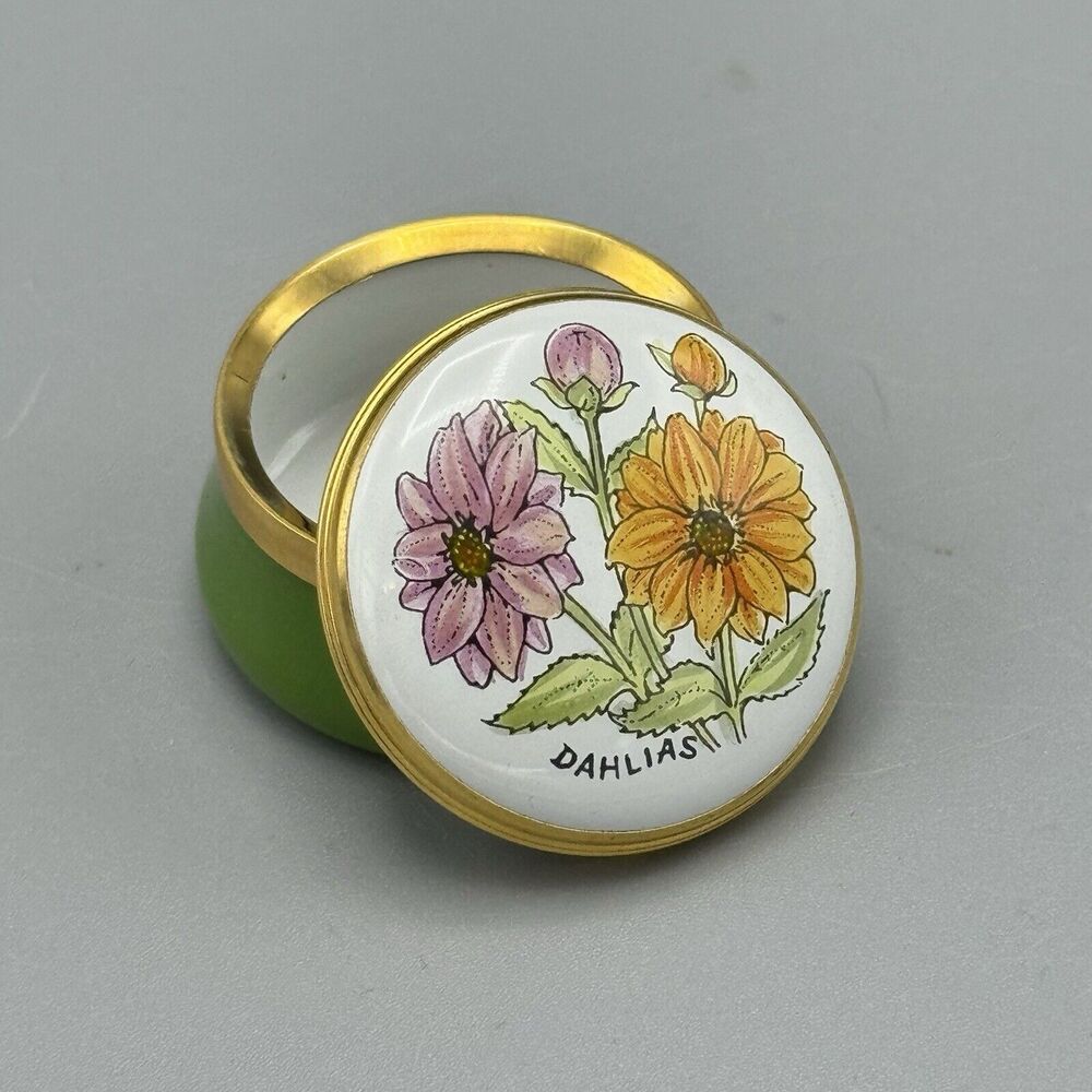 Vintage Crummles English Enamels Dahlias Trinket Pill Box Lidded Small Flowers